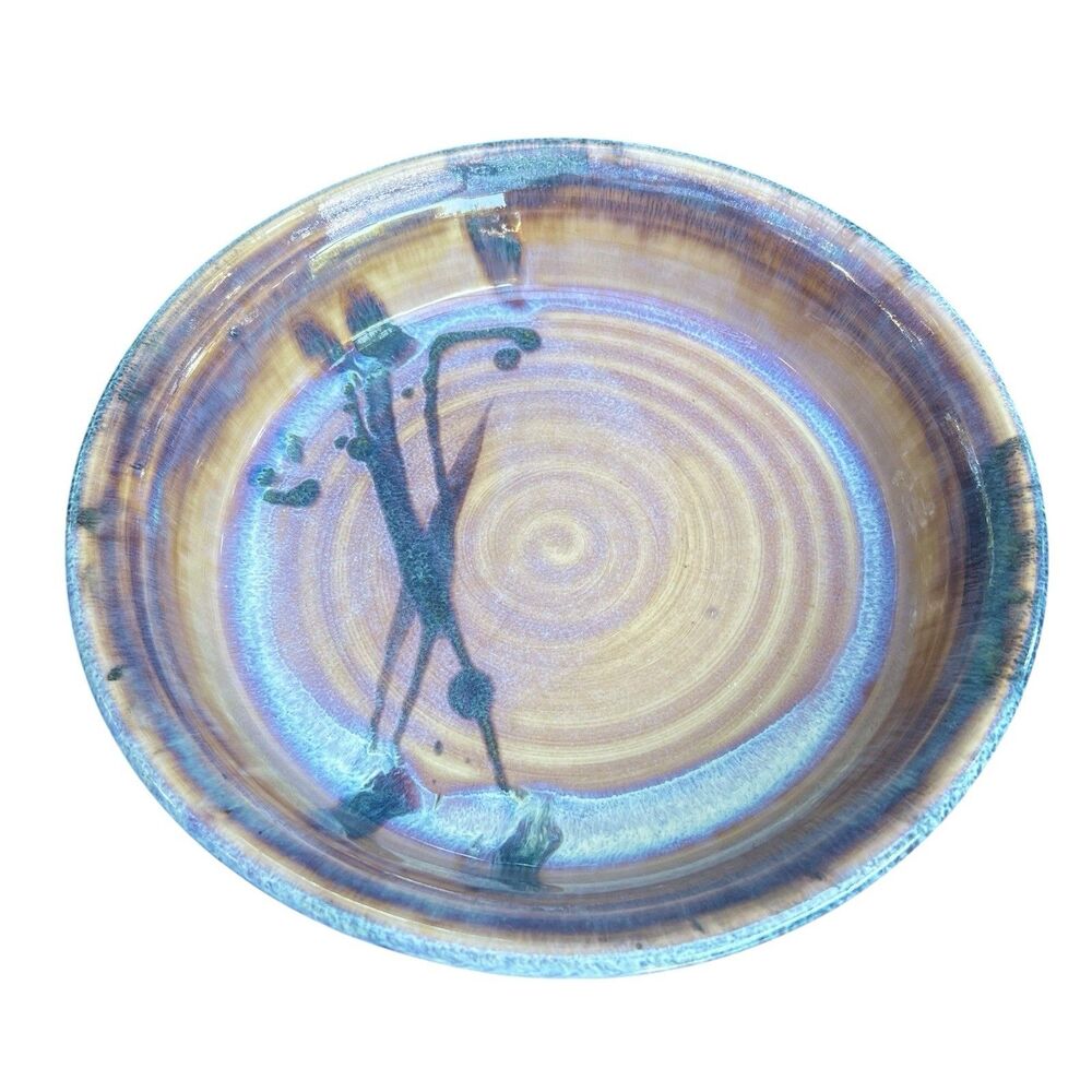 Handmade Studio Art Pottery Serving Bowl Abstract Glaze Brown Blue 11.5” Rustic